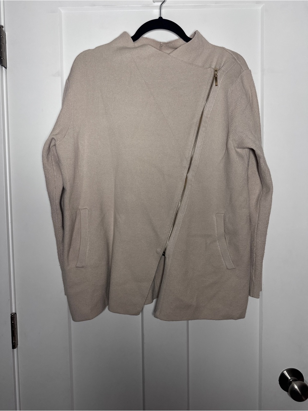 Cynthia Rowley Beige Asymmetrical Zip Knit Sweater Jacket